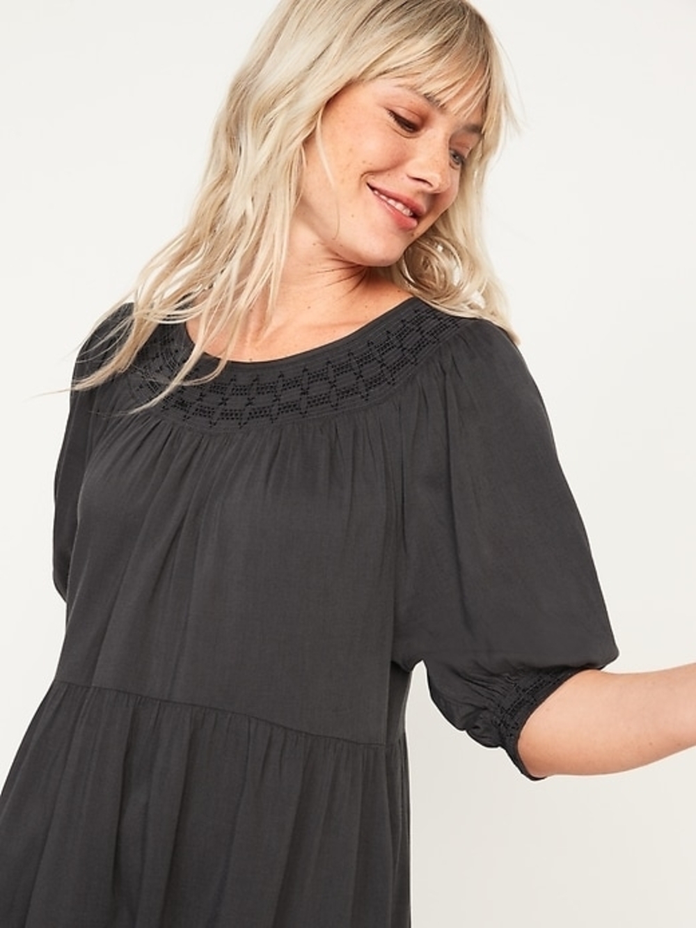 Old Navy Puff-Sleeve Embroidered Smocked Mini Swing Dress